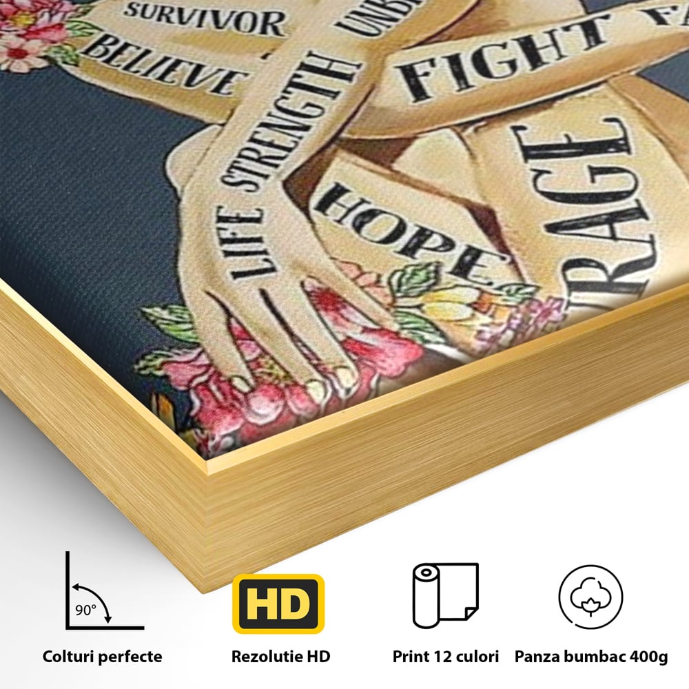 Detaliu al suprafetei: tablou canvas cu portret de femeie si flori, in rama de aluminiu auriu